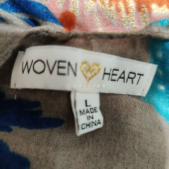 Woven Heart L Taupe Floral Open Front Kimono Gold Metallic Accent Tropical Boho - Picture 5 of 8